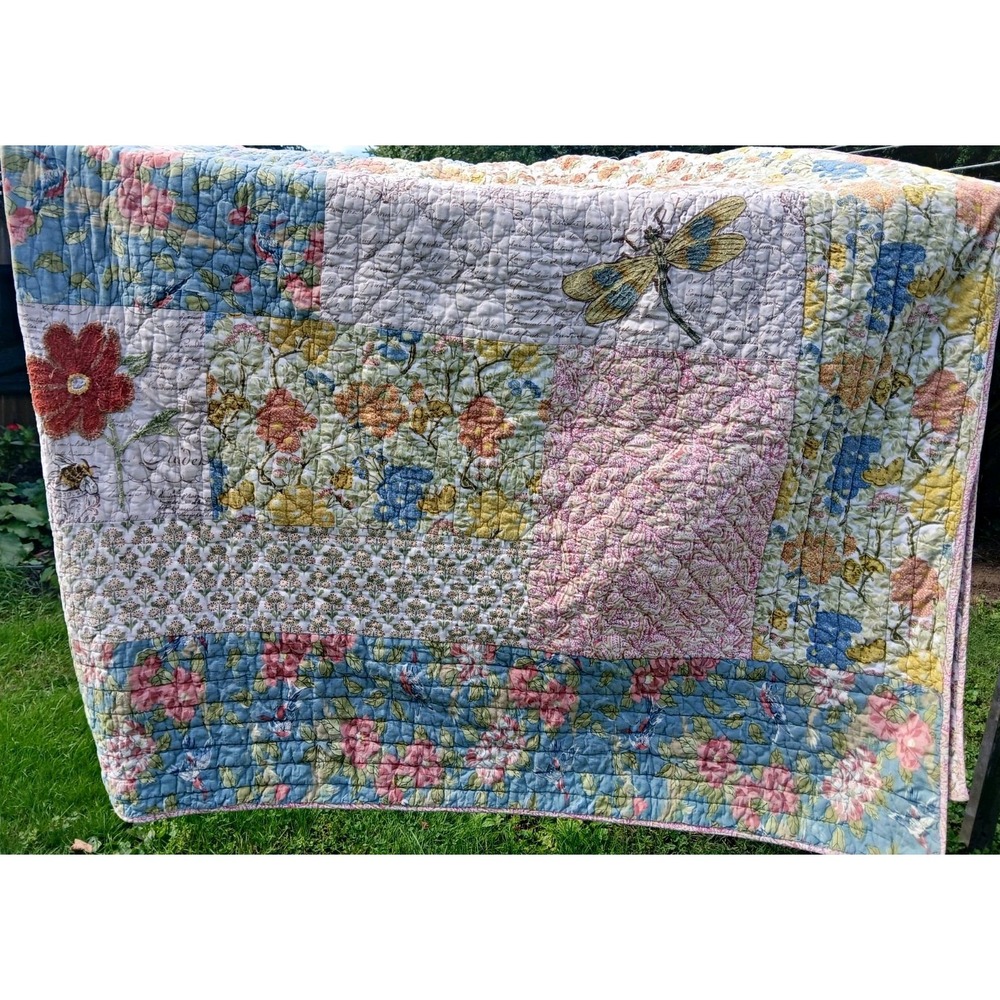 Pottery Barn Queen Floral Butterfly Dragonfly Cottagecore Cotton 92x108 Quilt